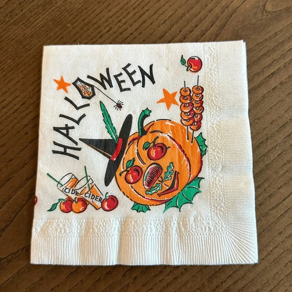 Vintage Halloween Paper Cake Napkin Mid Century Jack O Lantern Pumpkin Witch